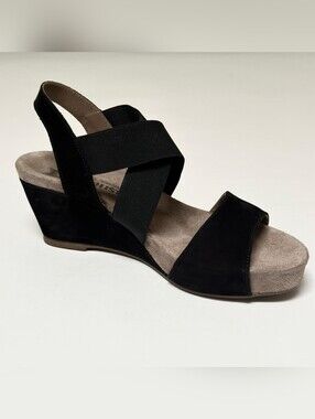 Mephisto Barbara Gaby Black Suede Wedge Sandals Womens 6.5/7 EU 37 Elastic Comfy